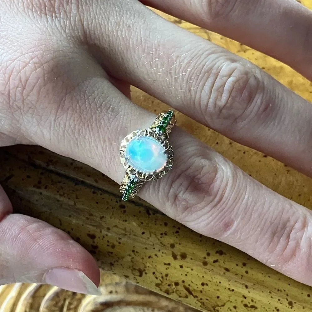 Natural Ethiopian Opal Chrome Diopside Sterling Silver Ring Size 10